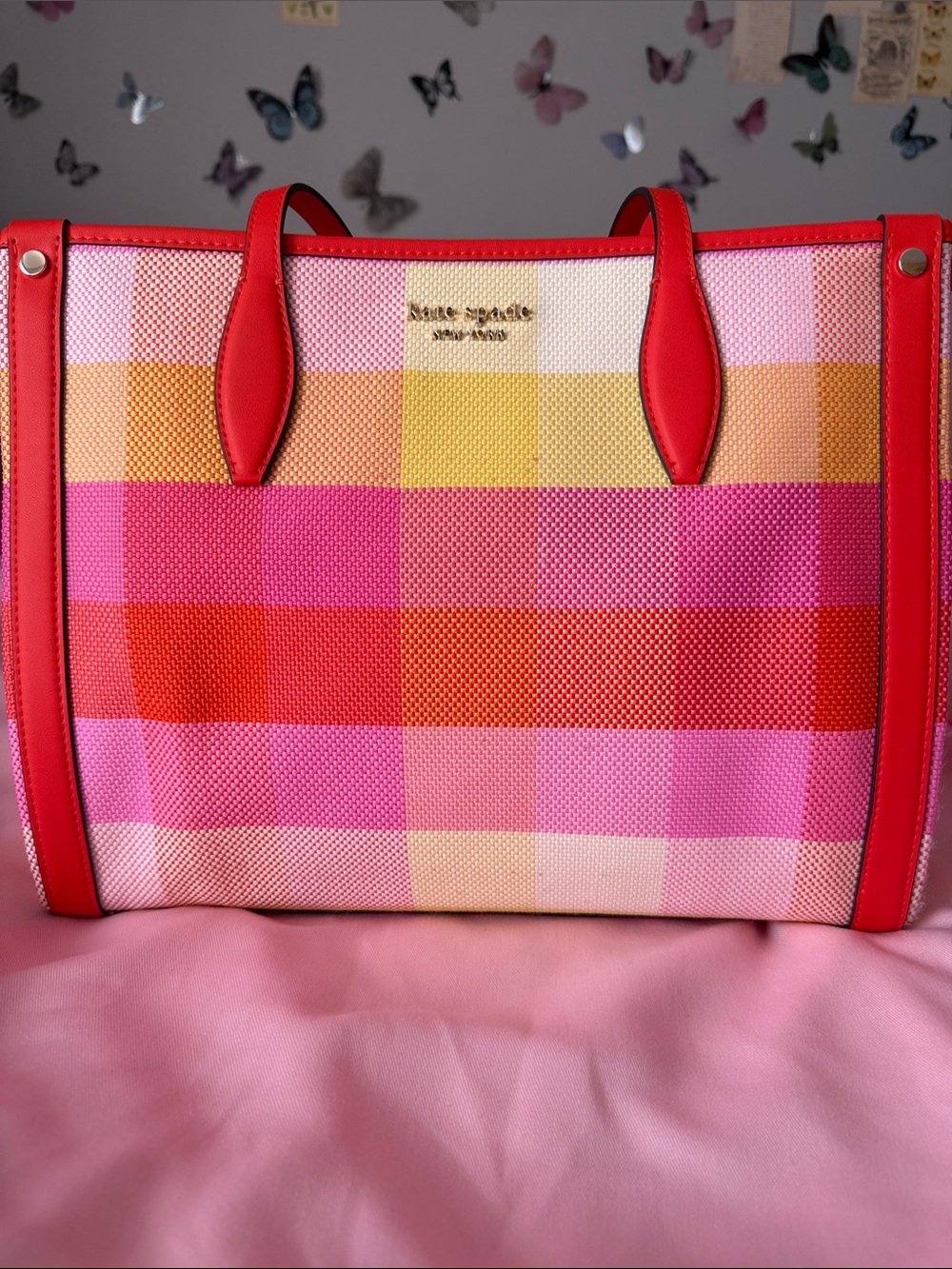 kate spade Pink, Orange & Yellow plaid Canvas Tote